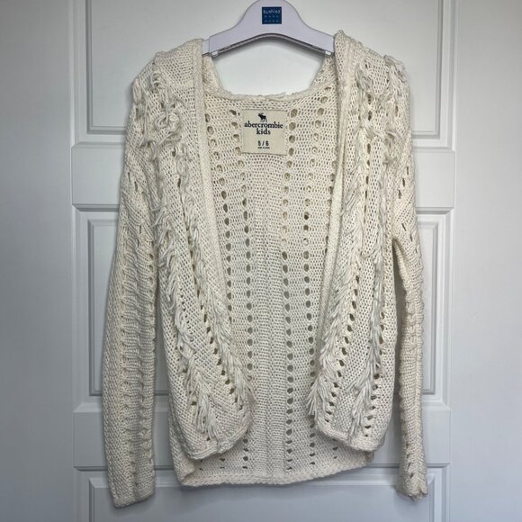 Abercrombie Kids Hooded Cardigan Sweater Girls Size 5/6 Fringe Loose Knit Cotton - Picture 2 of 10